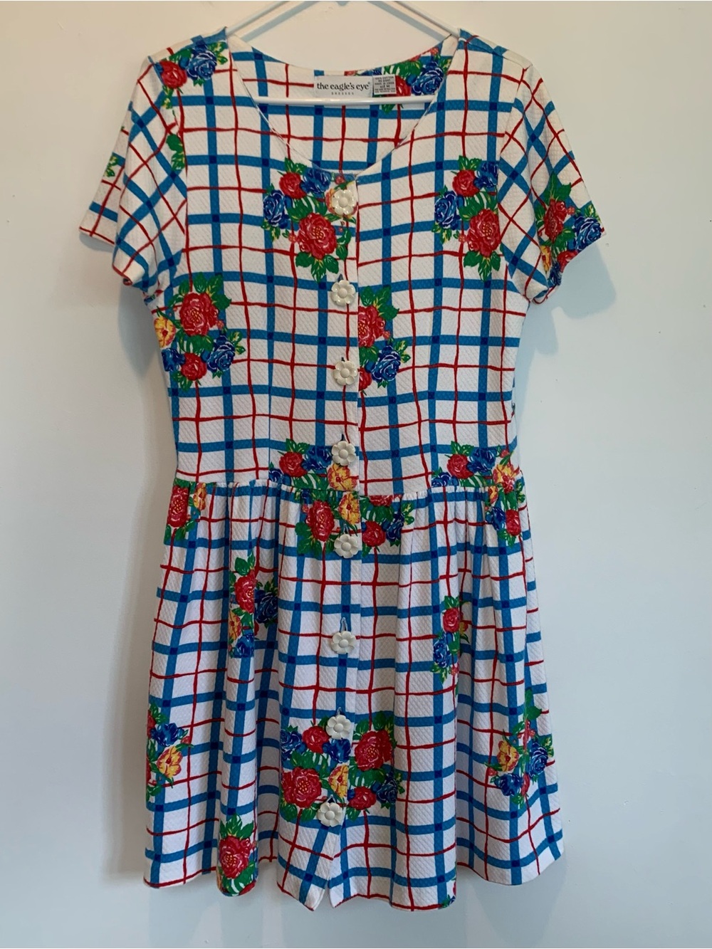 Vintage 90s Eagle’s Eye Dress Romantic Floral Check Daisy Button Front Medium